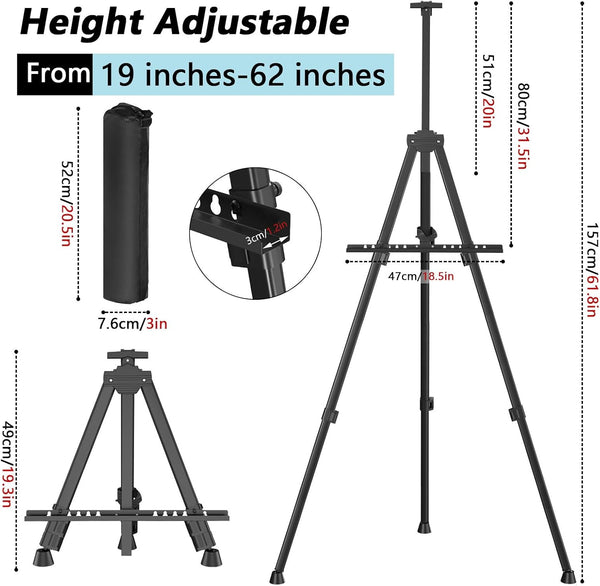 Black Easel Stand for Sign Adjustable Double-Layer Metal Easel for Painting Stand for Canvas, Portable Tripod for Canvas and Display, Includes Carrying Bag, Black, Height 19-62 Inches (49-157 cm)