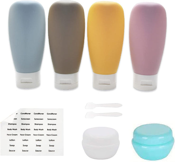 9 Pcs Travel Bottles Set,4pcs 60ML Travel Bottles & Containers,2 Cream Boxes, Waterproof Label,Small Mini Empty Plastic Squeeze Bottles, for Travel Toiletries,Shampoo and Conditioner with Storage Bag