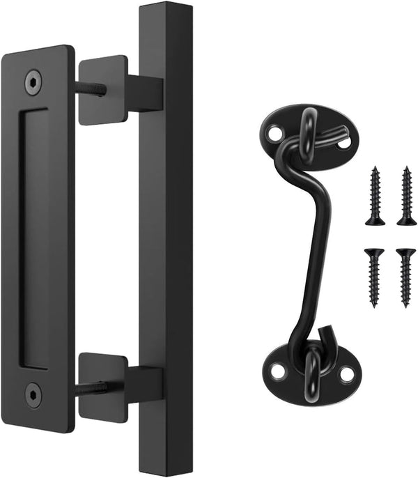 Heavy Duty 12" Sliding Barn Door Handle and Gate Latch Set, Matte Black Carbon Steel Pull Handle for Interior/Exterior Use, Double Sided Sliding Door Handle with Door Latch, Barn Door Lock & Handle