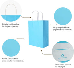 50 Pack Large Light Blue Paper Gift Bags with Handles for Retail Bulk Light Blue Gift Bags, Light Blue Craft Bags, Light Blue Paper Gift Bags with Handles, 26x12x32cm, 10.2