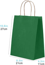 50 Pack Medium Green Paper Gift Bags with Handles, Ideal for Weddings, Events, Shopping, Green Kraft Paper Bags, Bulk Gift Bags, Green Craft Bags with Handles, 21x11x27cm, 8.3