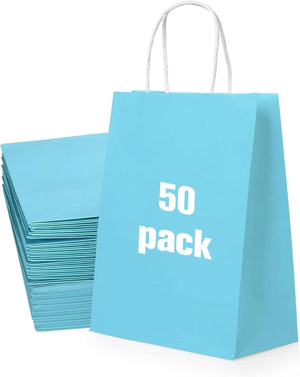 50 Pack Small Light Blue Paper Gift Bags with Handles for Birthdays Bulk Light Blue Gift Bags Small Light Blue Kraft Bags Light Blue Gift Bags with Handles, 15x8x21cm, 5.9"x3.1"x8.3", Light Blue