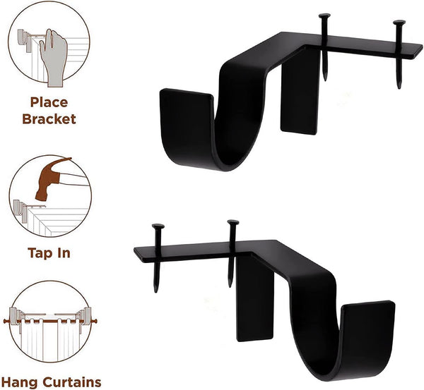 Black Tap Bracket - No Drill Curtain Rod Bracket 1" Curtain Rod, Heavy Duty Adjustable Curtain Rod Holders, Quick Hang No Damage Screwless Curtain Rods Brackets for Home Window and Door (Black,4pcs)