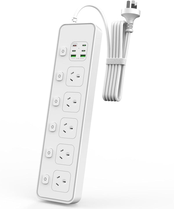 11-in-1 Power Board with USB C and Independent Switches, 6Ft(1.8M)Extension Cord,5 AC Outlets, 6 USB Ports, Surge Protector Power Board, Overload Protection, Ideal for Home, Office, Dorm Room (White)