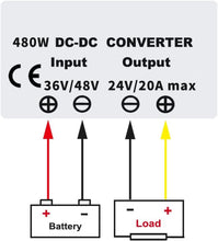 DC 36V/48V to 24V 20A 480W Converter Voltage Reducer, Waterproof and High-Power DC/DC Automatic Buck Boost Converter DC Step Down Power Supply Module for lowering voltage in golf cart, car, forklifts.