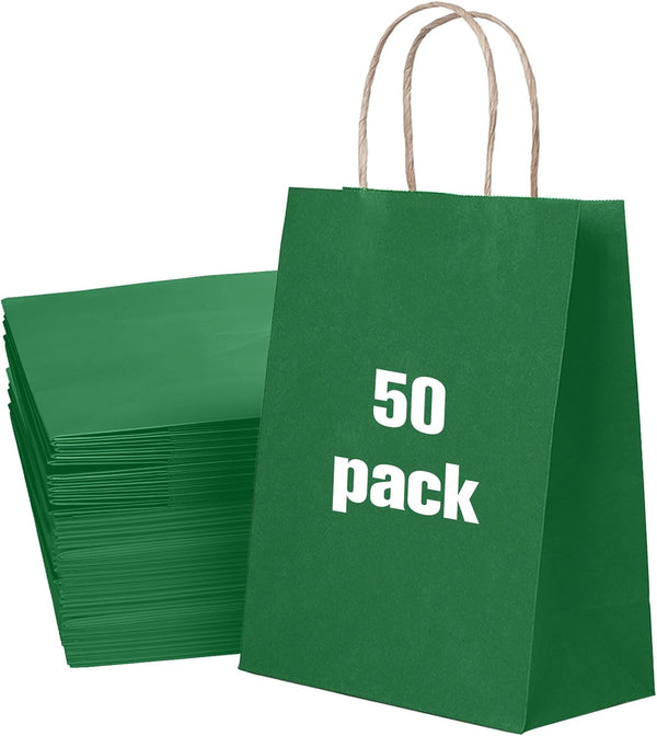 50 Pack Medium Green Paper Gift Bags with Handles, Ideal for Weddings, Events, Shopping, Green Kraft Paper Bags, Bulk Gift Bags, Green Craft Bags with Handles, 21x11x27cm, 8.3"x4.3"x10.6", Green