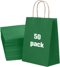 50 Pack Medium Green Paper Gift Bags with Handles, Ideal for Weddings, Events, Shopping, Green Kraft Paper Bags, Bulk Gift Bags, Green Craft Bags with Handles, 21x11x27cm, 8.3