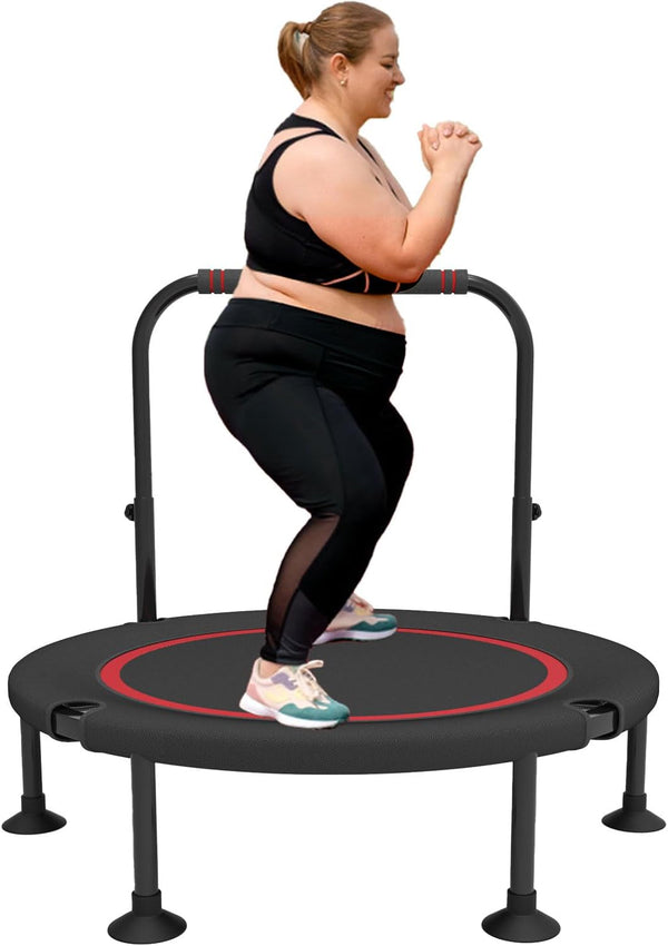 40"/48"Foldable Mini Trampoline with Adjustable Foam Handle –Thick Steel Spring Fitness Workout Rebounder Trampoline for Adults Indoor Outdoor Workouts Mini Trampoline for Adults Fitness Up to 300kg