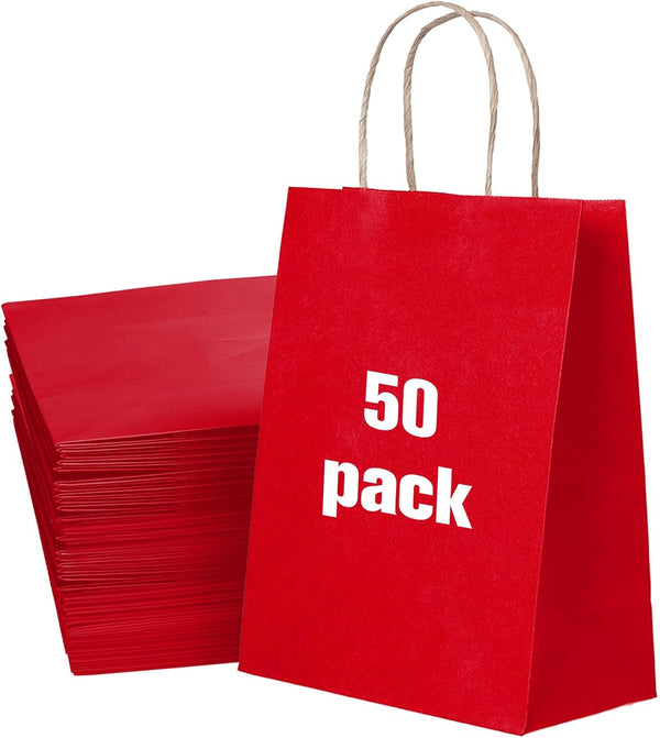 50 Pack Large Red Paper Gift Bags with Handles, Ideal for Birthdays, Holidays, Retail, Bulk Red Gift Bags, Red Craft Bags, Red Paper Bags with Handles, 26x12x32cm, 10.2"x4.7"x12.6", Red