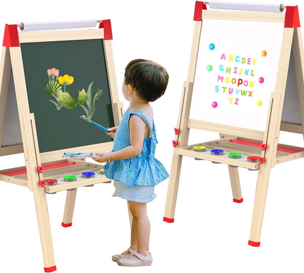 Deluxe Kids Art Easel for Kids 3-8 Years - 3 in 1 Double-Sided Standing Design with Magnetic Whiteboard, Chalkboard, Dry-Erase Board, Kids Art Easel with Paper Roll & Accessories - Toddler Easel , 55x55cm