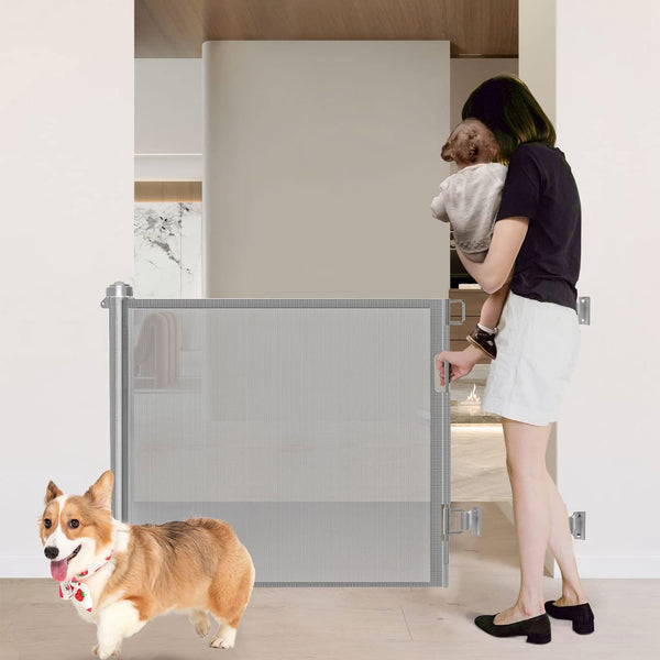 Retractable Baby Gate Retractable Driveway Fence 33" Tall Expands 70" Wide Dog Gate for Stairs Doorways Hallways Indoor & Outdoor Baby Gate Child and Pet-Friendly Barrier Child Gate(Grey,86CMx180CM)