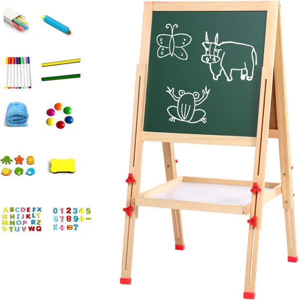 Kids Art Easel for Kids - Adjustable Height from 60cm-108cm, Double-Sided Magnetic Whiteboard & Chalkboard, Solid Wooden Standing Design with Premium Art Supplies for Children Toddler Easel, 45x35cm