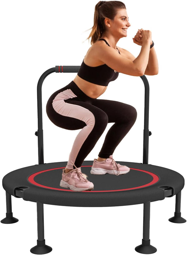 40"/48"Foldable Mini Trampoline with Adjustable Foam Handle –Thick Steel Spring Fitness Workout Rebounder Trampoline for Adults Indoor Outdoor Workouts Mini Trampoline for Adults Fitness Up to 300kg