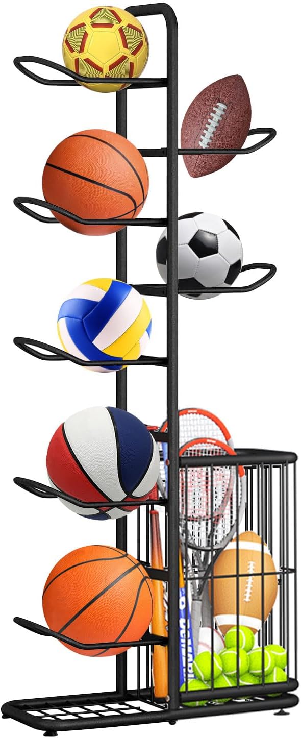 7-Tier Ball Sports Equipment Storage Rack Adjustable Garage Sports Equipment Organizer Basketball Racks for Ball Storage Rack Basketball Storage Ball Holder with 7 Hanging Rods Bottom Shelf & Side Bin