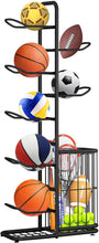 7-Tier Ball Sports Equipment Storage Rack Adjustable Garage Sports Equipment Organizer Basketball Racks for Ball Storage Rack Basketball Storage Ball Holder with 7 Hanging Rods Bottom Shelf & Side Bin