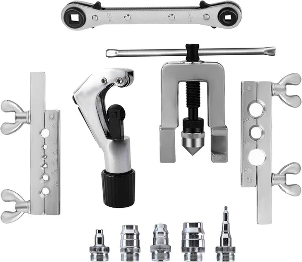 Flaring Swage Tool Kit, HVAC Tools - Professional Flaring Tool Kit and Swaging Tool Kit for Brake Line and Tubing,Includes Tubing Cutter and Ratchet Wrench for Copper Aluminum Plastic Pipe 45 Degrees