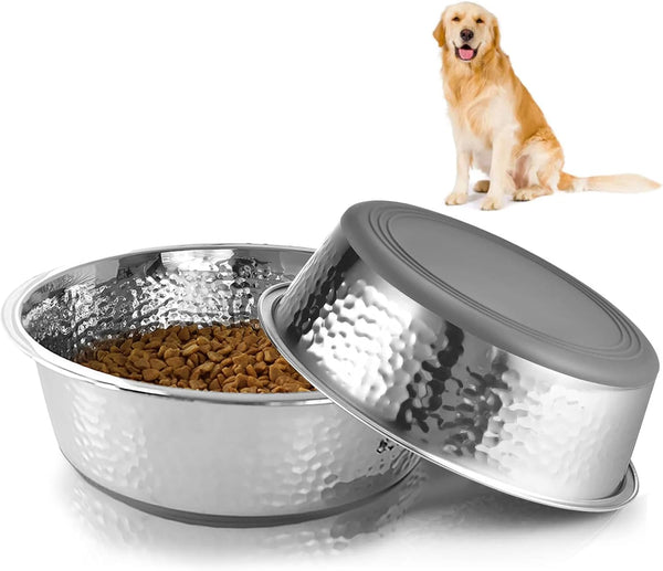 Hammered Finish Stainless Steel Dog Food Bowls Set - Non-Slip, Rust Resistant, Food Grade, Large Dog Food Steel Dog Bowls Set Large Sized Dog for Medium to Large Dogs (1.75 Litre Each, Set of 2)