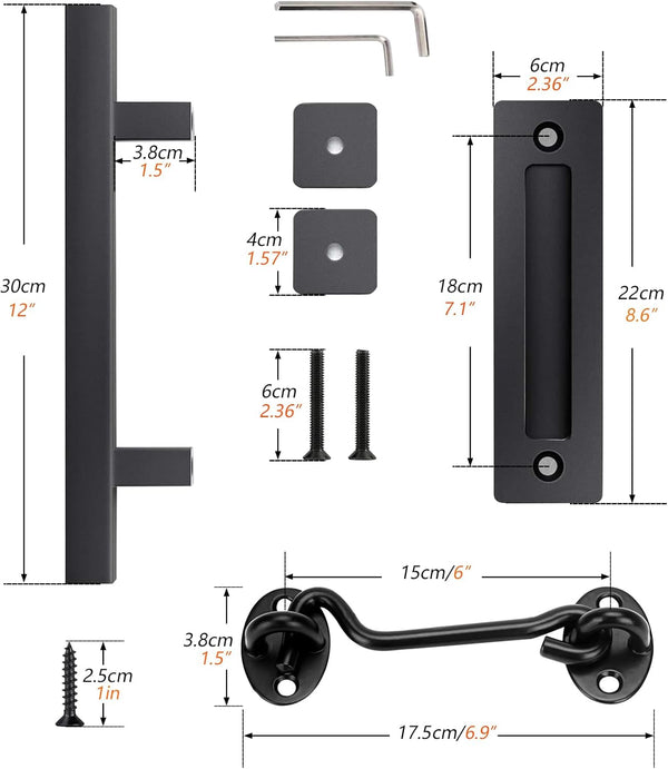 Heavy Duty 12" Sliding Barn Door Handle and Gate Latch Set, Matte Black Carbon Steel Pull Handle for Interior/Exterior Use, Double Sided Sliding Door Handle with Door Latch, Barn Door Lock & Handle