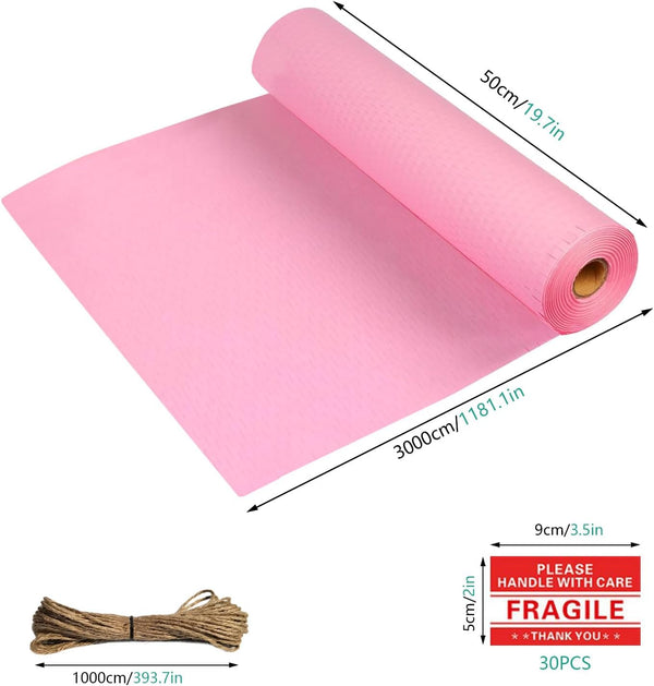 Recyclable Pink Honeycomb Shipping Paper with Jute Twine & Fragile Stickers - Pink Bubble Wrap Packing Paper Roll Packing Peanuts for Shipping Easy Tear for Fragile Items,Pink,19.7x1181", 50CM x 30M