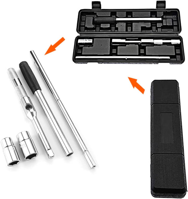 23" Universal Extended Telescoping Lug Wrench, 4 Way Tire Iron Nut Wrench Set with Storage Box and Standard Sockets(17mm/19mm/21mm/23mm), Wheel Wrench for Repair Car Vehicle Auto Tire Nut Wrench