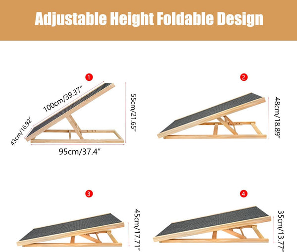 39.4''(100cm) Wooden Adjustable Pet Ramp Dog Ramp for Car - Non-Slip Surface and Foot Pads Dog Stairs - Up to 100lbs - Folding Dog Ramps for Bed Couch SUV Car Adjustable Height (LxH- 100cm x 55cm)