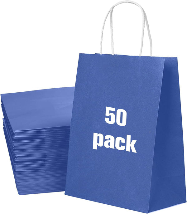 50 Pack Medium Blue Paper Gift Bags with Handles, Ideal for Weddings, Events, Shopping, Bulk Blue Gift Bags, Blue Paper Shopping Bags, Blue Kraft Paper Bags, 21x11x27cm, 8.3"x4.3"x10.6", Blue