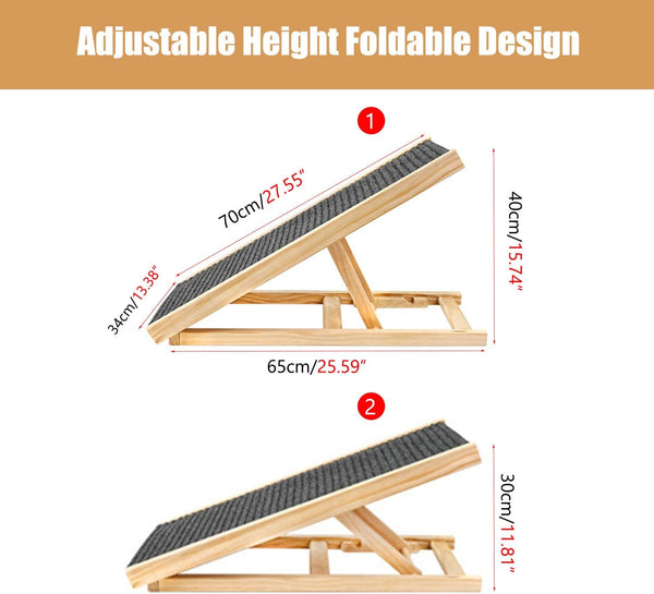 27.6''(70cm) Wooden Adjustable Pet Ramp Dogs Ramp for Bed- Non-Slip Surface and Foot Pads Car Ramp Adjustable Height Portable Ramp for Dogs - Up to 100lbs - Folding Dog Ramps for Bed Couch SUV Car