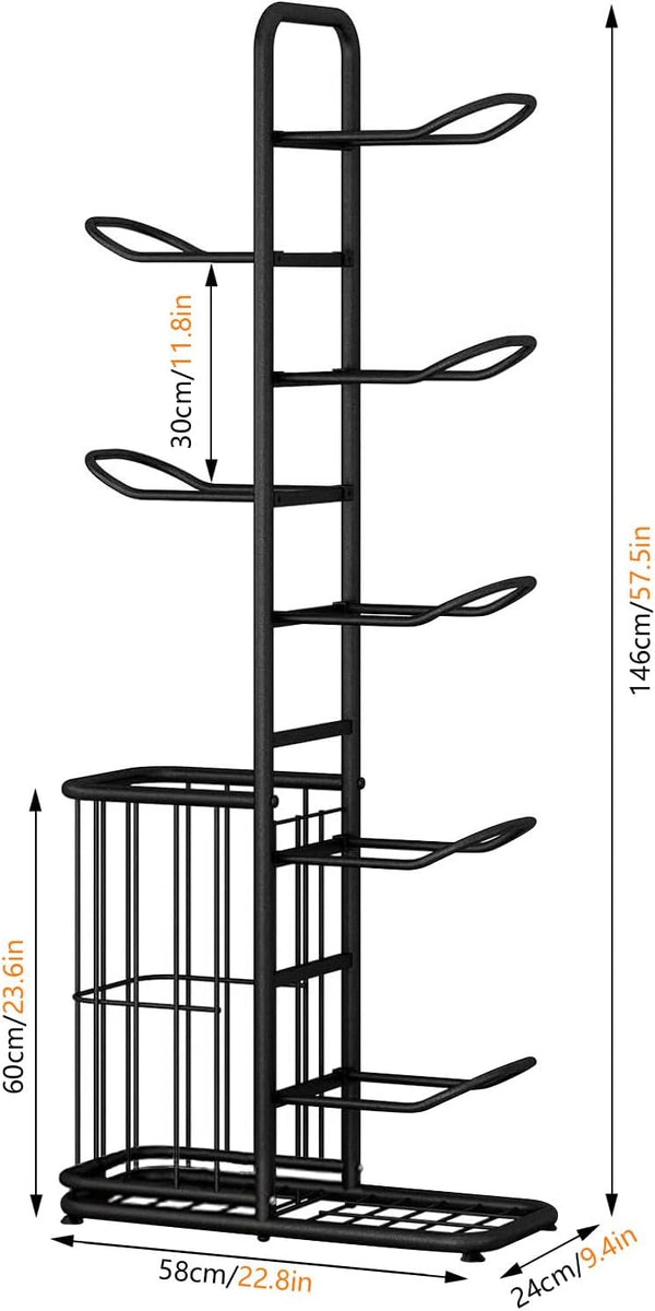 7-Tier Ball Sports Equipment Storage Rack Adjustable Garage Sports Equipment Organizer Basketball Racks for Ball Storage Rack Basketball Storage Ball Holder with 7 Hanging Rods Bottom Shelf & Side Bin