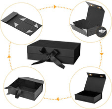 Gift Box with Lid, Collapsible Bridesmaid Magnetic Closure Proposal Box with Satin Ribbons, Sturdy Storage Box for Birthdays, Weddings, Christmas(Black, 26.1 x 22.8 x 10cm, 10.3 x 9 x 3.9 inchs)