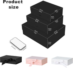 Gift Box with Lid, Collapsible Bridesmaid Magnetic Closure Proposal Box with Satin Ribbons, Sturdy Storage Box for Birthdays, Weddings, Christmas(Black, 26.1 x 22.8 x 10cm, 10.3 x 9 x 3.9 inchs)