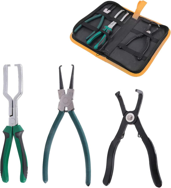 3pcs Fuel Line Pliers Set Clip Pipe Disconnect Tools, Fuel Filter Caliper Hose Pipe Clamp Clip and 80 Degree Disconnect Pliers Set,High Efficiency Maintaining Tools with Storage Case