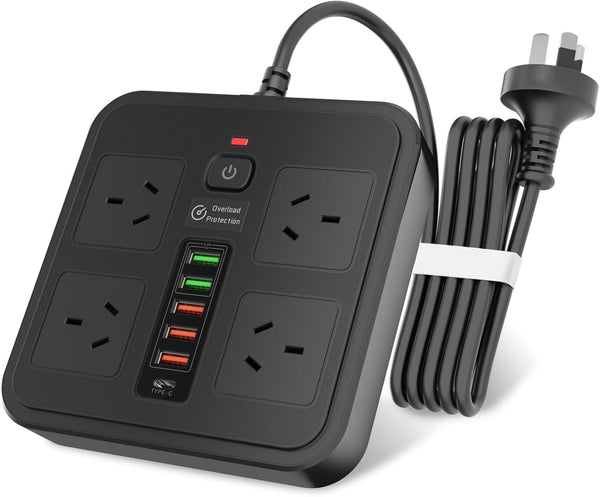 6Ft Power Strips with Surge Protection Power Board with USB, Surge Protector with USB Ports with 4 Outlets, 5 USB-A Ports, 1 USB-C Port, 1.8m Extension Cord with Multiple Outlets with USB Ports,Black