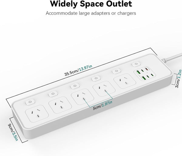 11-in-1 Power Board with USB C and Independent Switches, 6Ft(1.8M)Extension Cord,5 AC Outlets, 6 USB Ports, Surge Protector Power Board, Overload Protection, Ideal for Home, Office, Dorm Room (White)