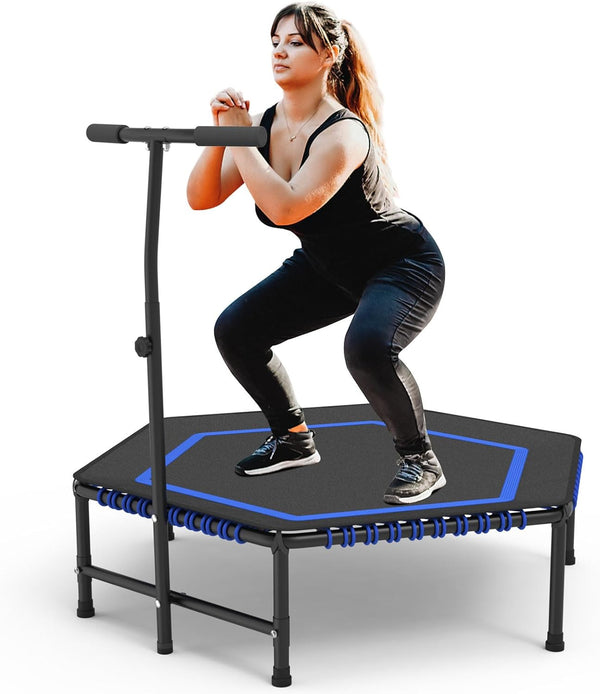 50" Hexagon Rebounder Trampoline for Adults Max Load 330lbs Fitness Trampoline with 6 Heights Adjustable Handle Bar Silent Trampoline Bungee Rebounder Jumping for Adults with Safety Padded Cover