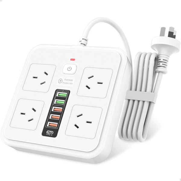 6Ft Surge Protection Power Board - 4 Outlets, 5 USB-A Ports, and 1 USB-C Port with 1.8M Extension Cord Wall Mount Surge Protector with USB Ports, Desk Power Strip with USB Ports for Home Office,White