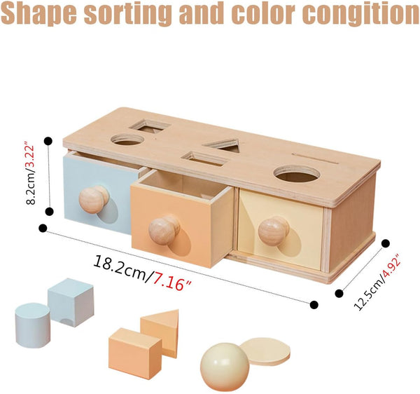 Montessori Multipurpose Drawer 3-in-1 Object Permanence Box Coin Box Shape Sorter Object Montessori Toy Shelf Permanence Toys for Babies Slide and Seek Ball Run Christmas Birthday for 12 Months +