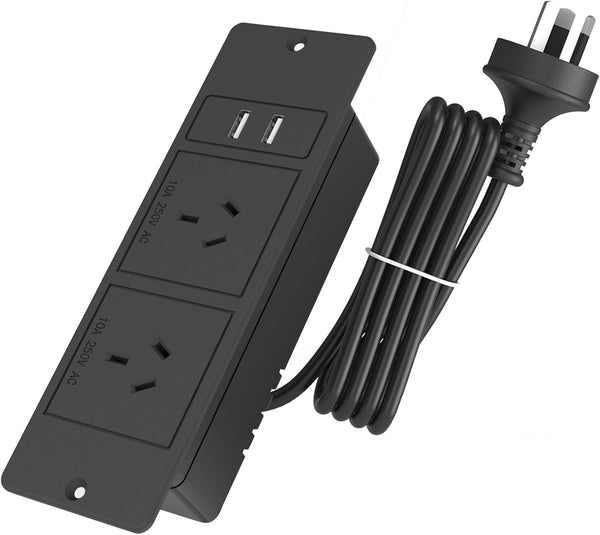 Furniture Recessed Power Strip with 2 USB Ports, 240V 10A, 2400W Max, Flush Mount Power Hub with 1.5m Power Cord, Recessed Outlet for RV Furniture Outlet, Desk, or Kitchen Countertop, AU/NZ Sockets