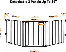 80.7''(205cm) - Adjustable Baby Safety Gate With Walk Through Baby Gate For Stairs,Puppy Gates For The House Metal Pet Barrier For Toddler, Dog, Cat For Doorways –Sturdy &Configurable, Black, 3 Panels