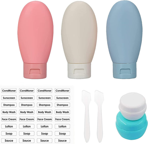 8 Pcs Travel Bottles Set,3pcs 60ML Travel Bottles & Containers,2 Cream Boxes, Waterproof Label,Small Mini Empty Plastic Squeeze Bottles, for Travel Toiletries,Shampoo and Conditioner with Storage Bag