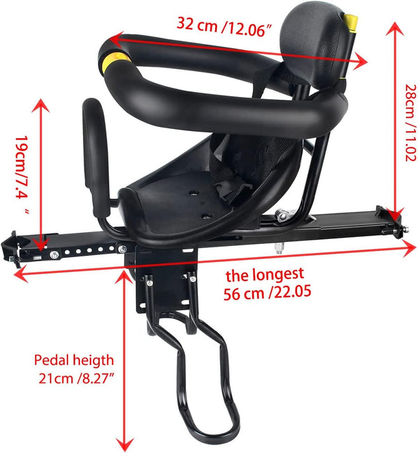 Bike Seat for Kids Front Mounted Bicycle Seats for Children with Foot Pedal Non-Slip Handrails Portable Baby Bike Seat Universal Toddler Bike Seat for Adult Bike Attachment for Kids On Adult Bike