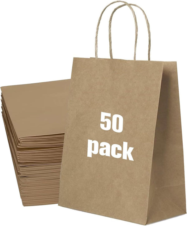 50 Pack Medium Kraft Paper Gift Bags with Handles for Weddings, Events, Shopping, Bulk Kraft Gift Bags, Kraft Paper Shopping Bags, Kraft Gift Bags with Handles, 21x11x27cm, 8.3"x4.3"x10.6", Kraft