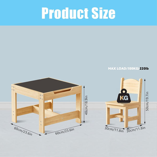 Solid Pine Wood Toddler Table and Chair Set, 60x60cm, Height 48cm, 2 Chairs Kids Table and Chair Set, 3 in 1 Wooden Activity Table with Storage Drawer for Toddlers Drawing for Playrooms and Nurseries