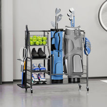 Golf Storage Organizer Golf Bag Storage Stand Golf Bag Organizer Garage Sport Equipment Storage Rack with Wheels Golf Equipment Rack with 4 Removable Hooks Large Capacity for Golf Storage Accessories