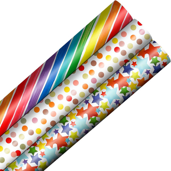 Rainbow-Themed Gift Wrap Set - 3 Mini Rolls, Rainbow Stripes - Rainbow Polka Dot Wrapping Paper Roll Birthdays, Baby Showers, Weddings & All Celebrations, 43x300cm/17"X118" Per Roll