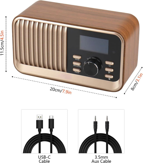 DAB Radio with Bluetooth Speaker Alarm Clock Radio Rechargeable Fm Radio Portable Retro Radio DAB+ Digital Radio with 60 Presets Bluetooth Speaker USB/AUX/MicroSD Card, Vintage Decor, Oak