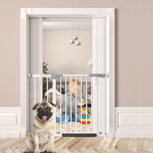 Adjustable Baby Gate for Stairs Auto Close Dog Gate for The House Safety-First Design Easy Install Indoor Pet Gate for Doorways No Drill Pressure Mount System (78cm Tall,Fits Openings 76-107cm)