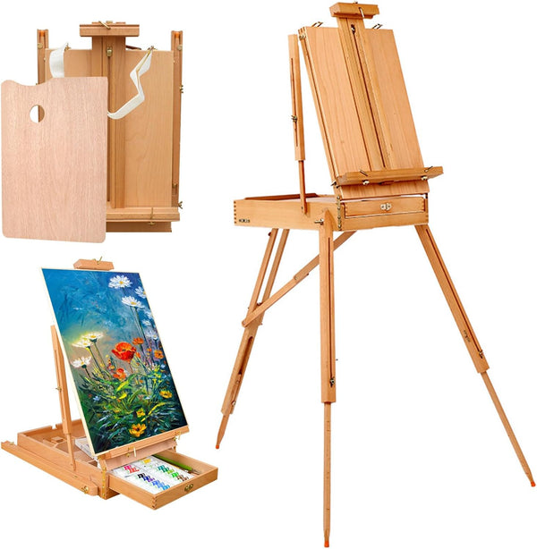 Deluxe French Easel for painting - Beech Wood Studio & Field Sketchbox Easel stand for painting,Adjustable and Foldable with Storage Drawer Art Painting Display Holds Canvas Up to 34"(86cm)