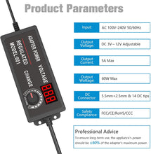 60W Universal Power Supply Adjustable 3-12V 5A 60W Universal Power Adapter DC 3V 4.5V 5V 6V 7.5V 9V 12V Variable Universal DC Adapter 100V~240V AC to DC Variable Power Converter with 14 Adaptor Tips