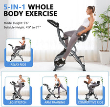 Stationary Exercise Bike for Home Workout Fitness Bike Indoor 5 IN 1 Folding Stationary Bike with Arm Resistance Bands 16-Level Adjustable Magnetic Resistance Cycling Training,LCD Monitor & Heart Rate