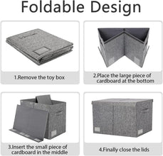 Foldable Large Toy Box Chest With Lid, 62.5x33x40cm, 83L Linen Gray Kids Toy Storage Organizer Sturdy Cube Organizer Basket with Dividers, Bin Boxes For Boys Girls Nursery Playroom Living Room